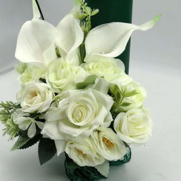 Lumanare cununie, decorata cu flori din matase si silicon, verde&alb ILIF406001 (5)