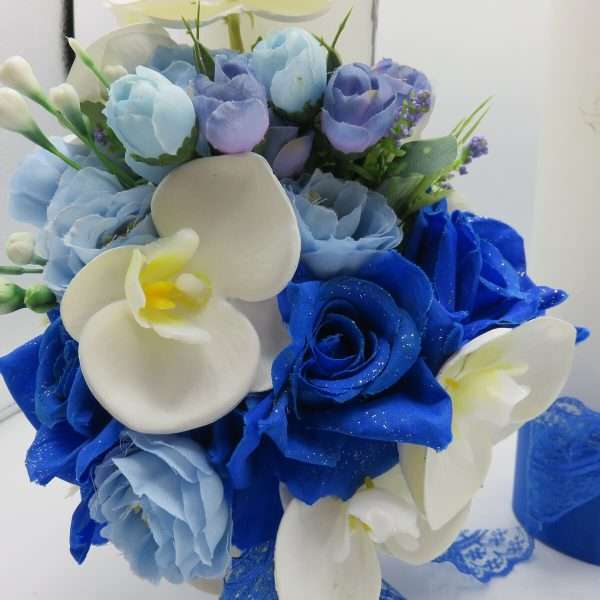 Lumanare cununie decorata cu orhidee si trandafiri albastru regal ILIF307163 3