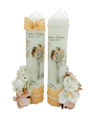 Lumanare nunta personalizata cu flori de matase piersiciuroz somon FEIS303011 1