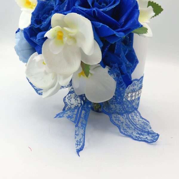 Lumanare cununie decorata cu orhidee si trandafiri albastru regal ILIF307163 12
