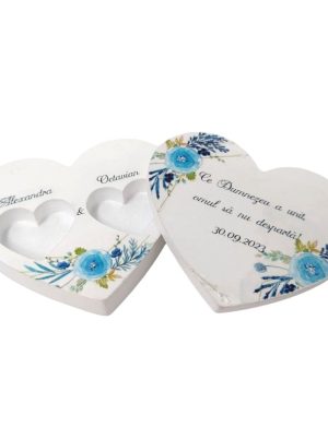 Cutie verighete in forma de inima, model personalizat- Flori Albastre – DSPH310024