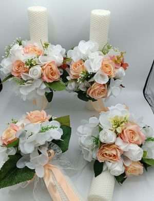 Lumanare nunta din ceara naturala cu flori de matase, piersiciu&alb – FEIS405002