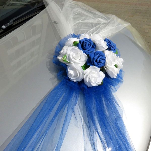 Decor masina pentru nunta cu tulle si trandafiri din spuma, albastru ILIF309052 (5)