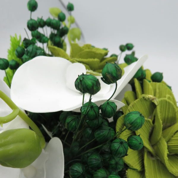 Buchet mireasanasa cu flori uscate si orhidee din silicon, alb&verde ILIF310048 (14)