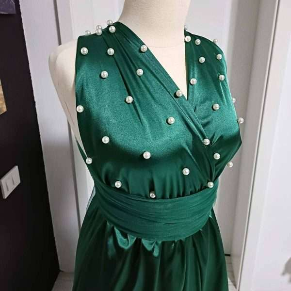 Rochie versatila scurta din satin cu perle si bretele din tulle, verde ACD403008 (1)
