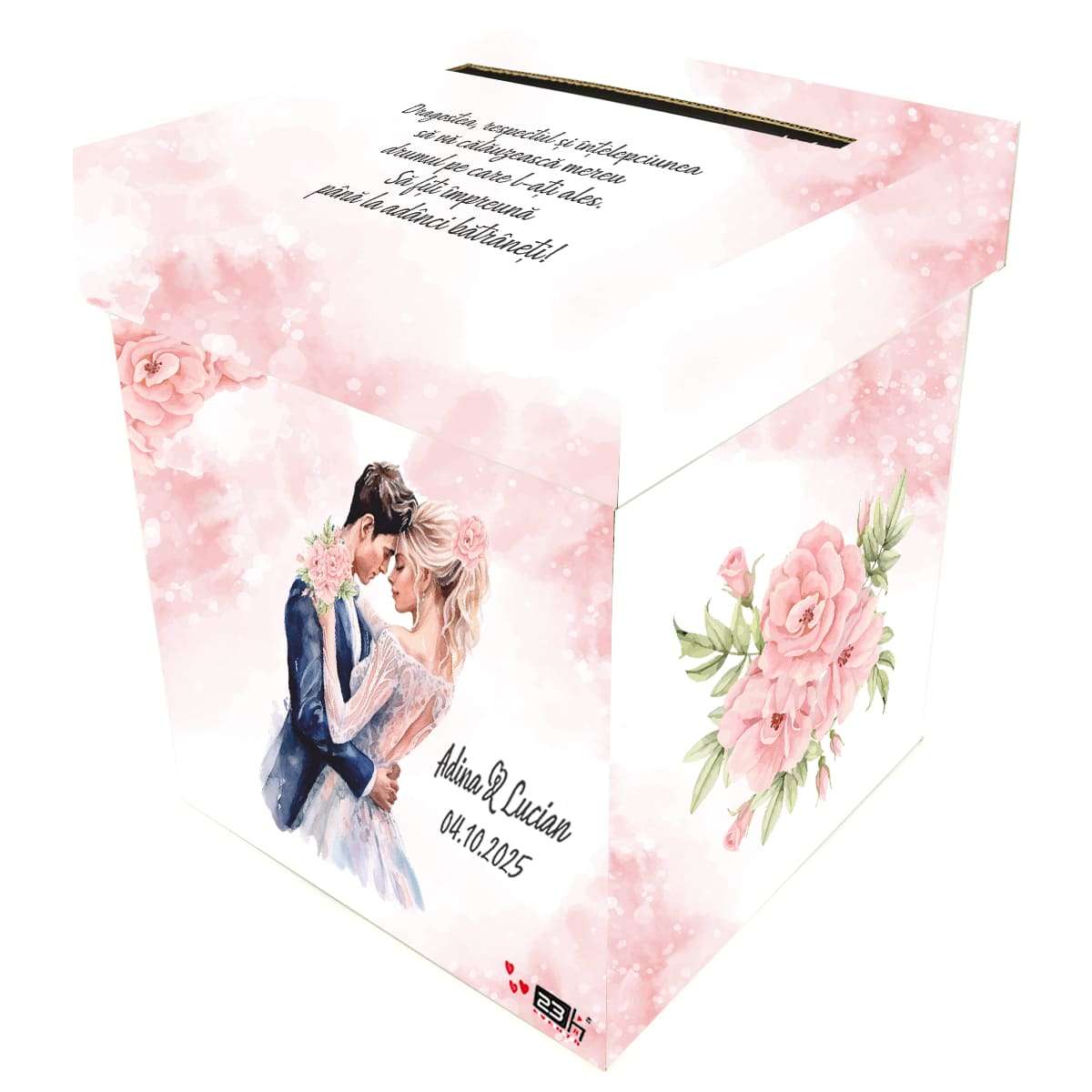 Cutie dar (bani) nunta, Personalizata, design Fuzzy Pink si miri, dim. 21x21x26 cm MIBC404003