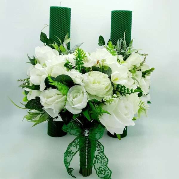 Set 2 lumanari cununie buchet mireasa cu flori de matase alb verde FEIS307008 1