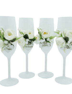 Set 4 pahare nunta pentru miri & nasi, model deosebit cu flori de matase – FEIS305013