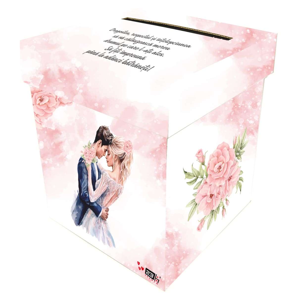 Cutie dar (bani) nunta, nepersonalizata, design Fuzzy Pink si miri, dim. 21x21x26 cm MIBC404002