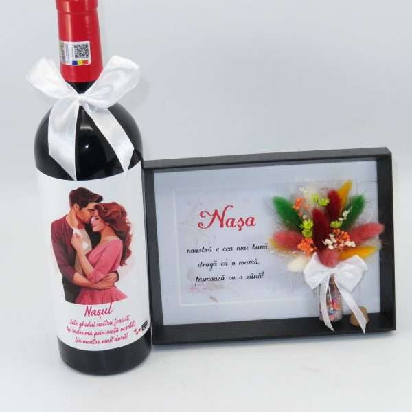 Set cadou Nasi Cununie sticla vin personalizata & tablou cu flori uscate ILIF404020 (6)