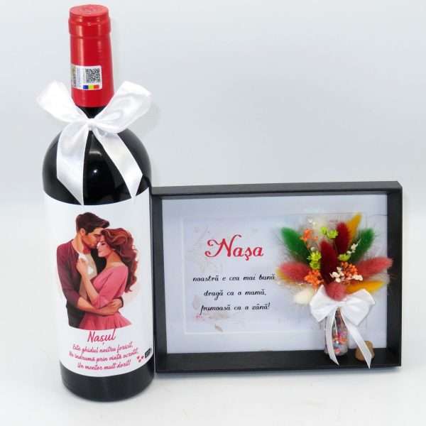 Set cadou Nasi Cununie sticla vin personalizata & tablou cu flori uscate ILIF404020 (7)