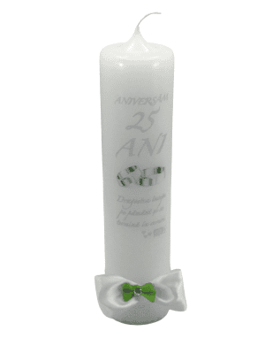 Lumanare nunta – aniversare 25 ani, decorata cu flori de matase, verde-alb – ILIF309041