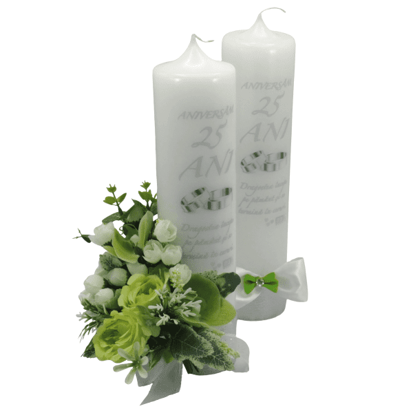 Lumanare nunta aniversare 25 ani decorata cu flori de matase verde alb ILIF309041 3