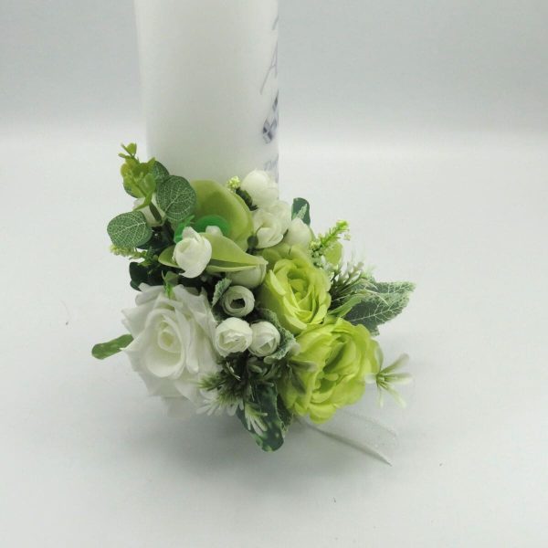 Lumanare nunta aniversare 25 ani decorata cu flori de matase verde alb ILIF309041 4