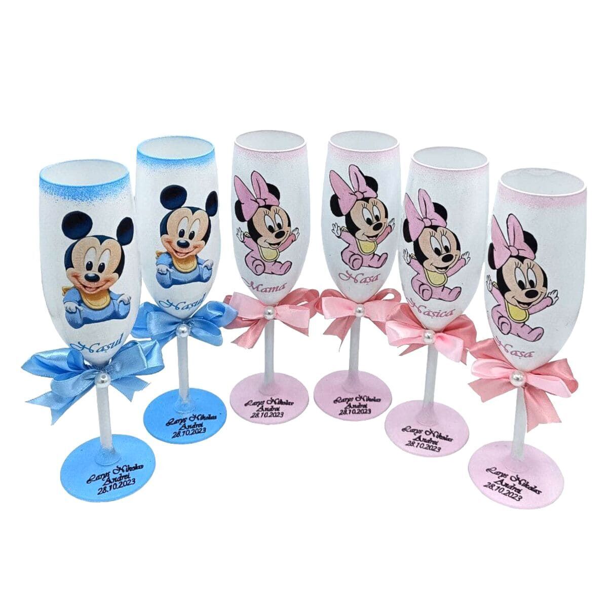 Set 6 pahare personalizate botez mama, 2 perechi nasi+nasica, model Mickey & Minnie FEIS312015
