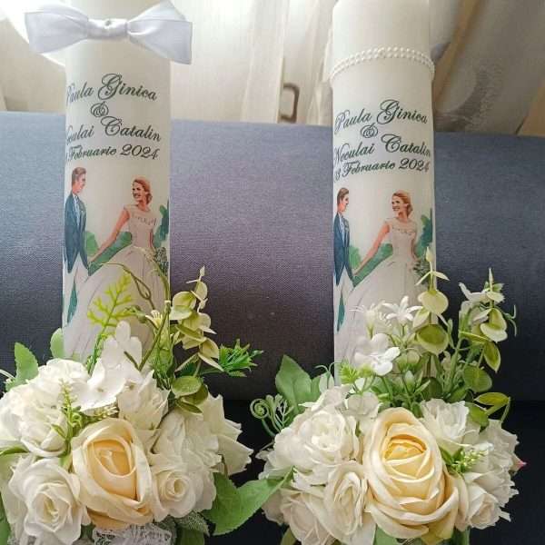 Lumanare Nunta imprimata, personalizata si decorata cu flori de matase FEIS403005 (1)