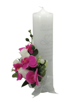 Lumanare nunta aniversare 25 ani, decorata cu orhidee ciclam din silicon – ILIF306001