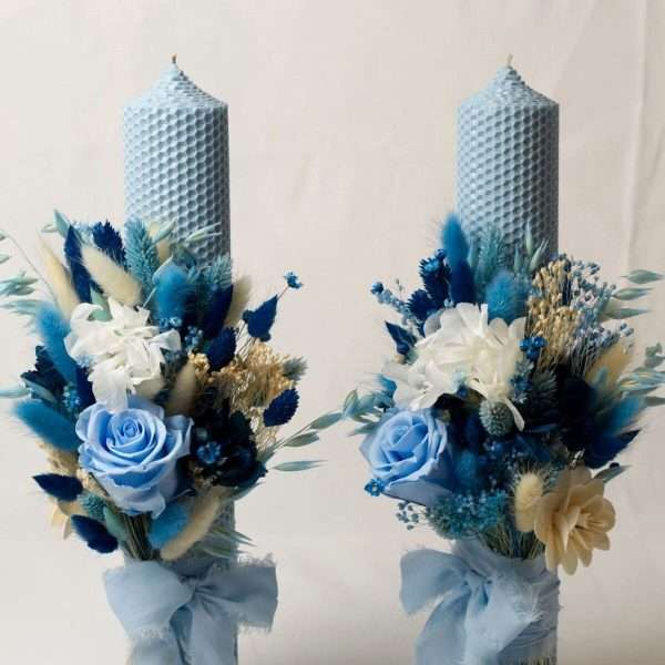 Lumanare nunta ceara naturala bleu plante uscate in nuante de albastru AMB307001 1