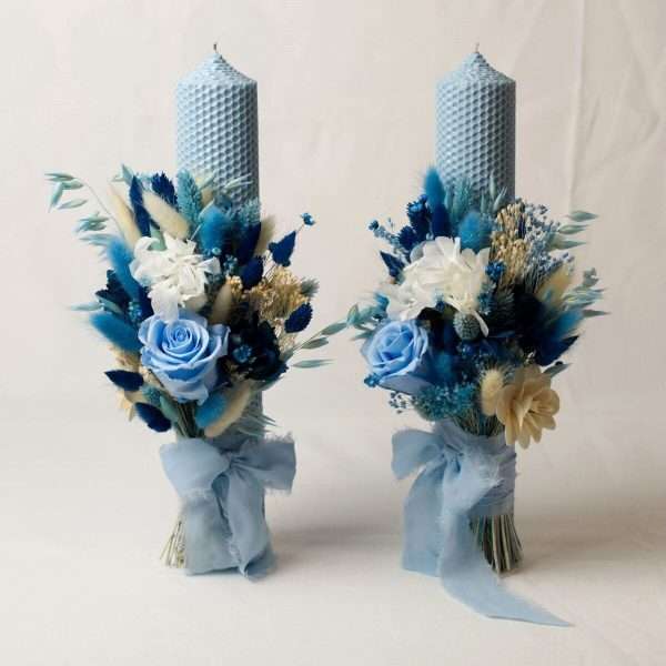 Lumanare nunta ceara naturala bleu plante uscate in nuante de albastru AMB307001 2