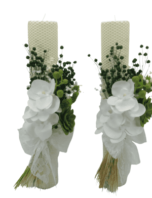 Lumanare nunta/botez, ceara naturala cu flori uscate si silicon, alb-verde – PRIF309035