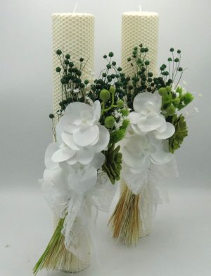 Lumanare nunta/botez, ceara naturala cu flori uscate si silicon, alb-verde – PRIF309035