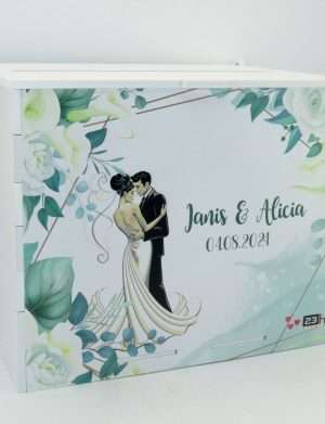 Cutie dar nunta, din lemn vopsit alb, Personalizare cu nume&data, 27x20x21cm – PRIF401008