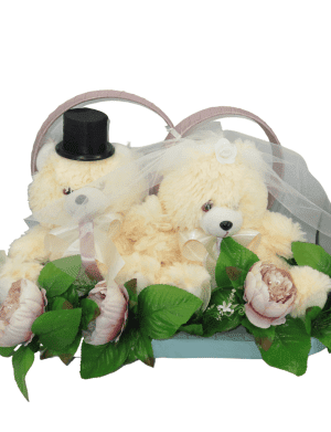 Decor masina pentru nunta, verighete decorate cu ursuleti, verde-roz pudrat – ILIF305058