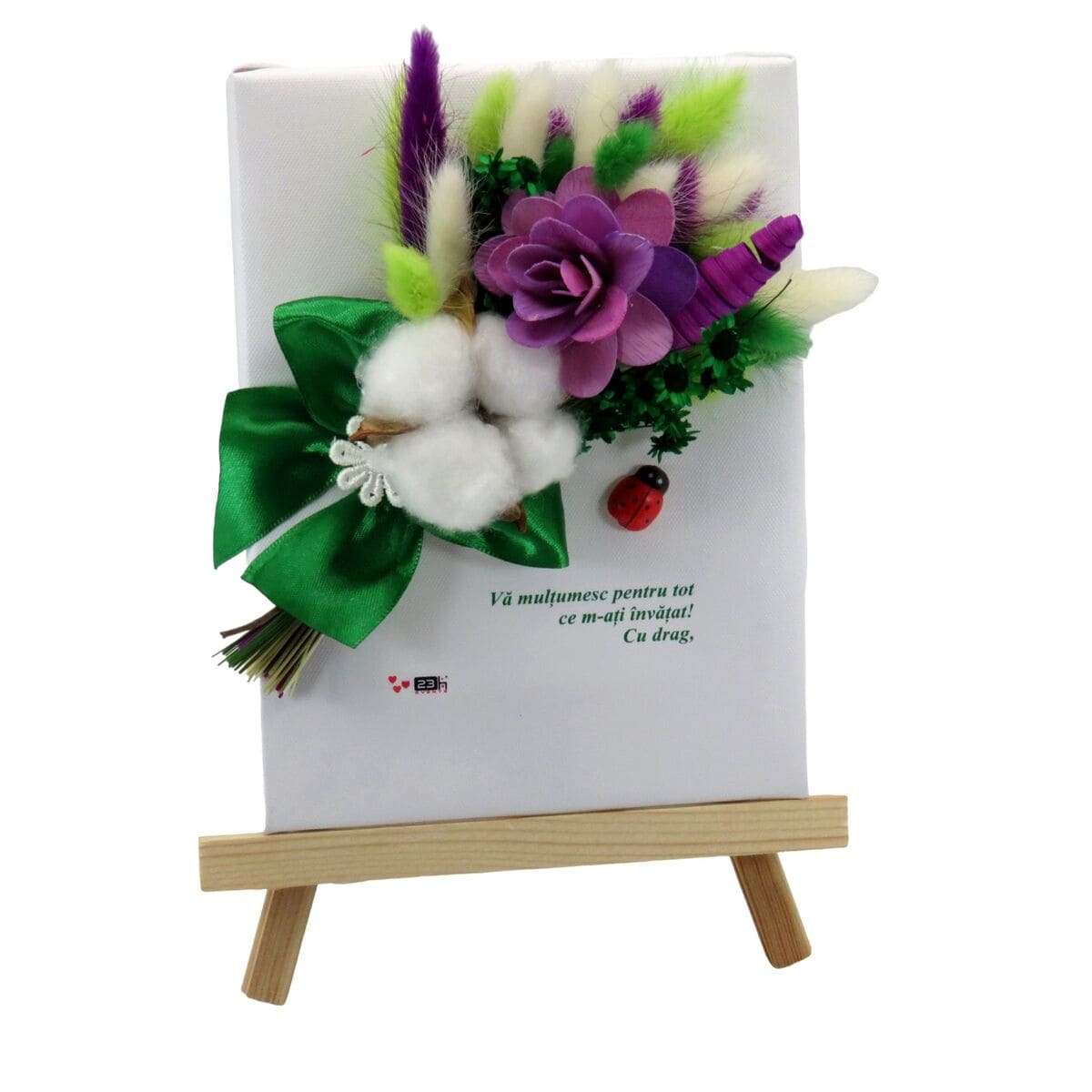 Mini tablou cu stativ pentru cadre didactice, cu flori uscate si mesaj, mov verde m2 ILIF403009 (3)