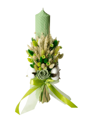 Lumanare nunta/botez, ceara naturala cu trandafiri criogenati si bumbac, verde – SAMB207001