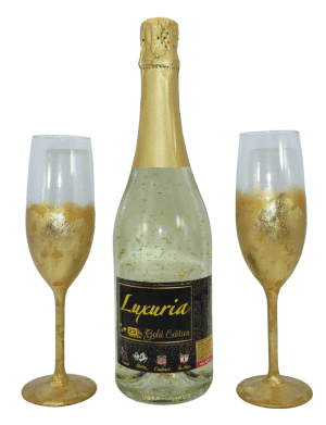 Set Vin Spumant Luxuria cu foita de aur 23k, 2 pahare aurii decorate manual – PRIF305070