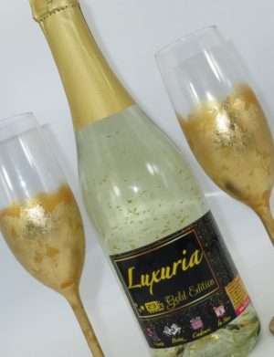 Set Vin Spumant Luxuria cu foita de aur 23k, 2 pahare aurii decorate manual – PRIF305070