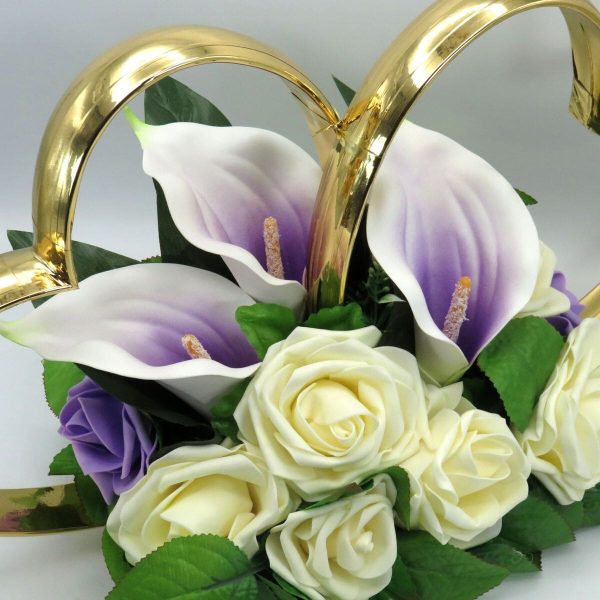 Decor masina pentru nunta, inimioare decorate cu trandafiri si cale, alb lila ILIF309048 (4)