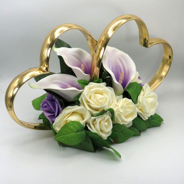 Decor masina pentru nunta, inimioare decorate cu trandafiri si cale, alb lila ILIF309048 (5)