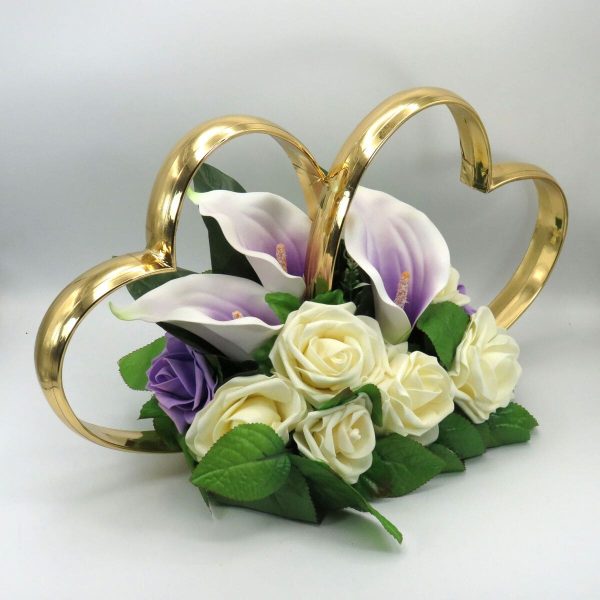 Decor masina pentru nunta, inimioare decorate cu trandafiri si cale, alb lila ILIF309048 (1)