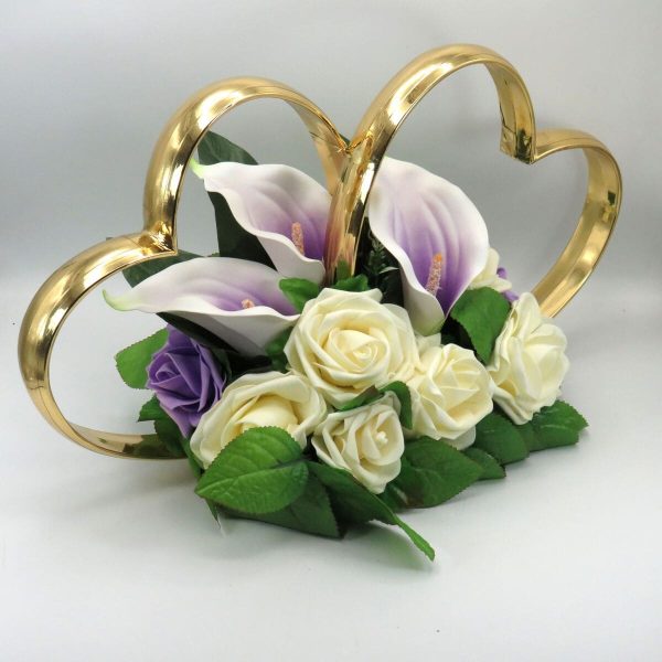 Decor masina pentru nunta, inimioare decorate cu trandafiri si cale, alb lila ILIF309048 (3)