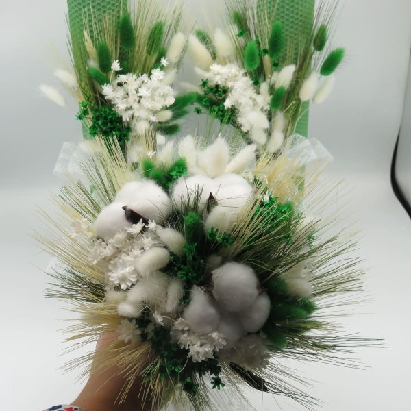 Set 2 lumanari cununie ceara naturala + buchet mireasa, flori uscate verde&alb ILIF311028 (10)