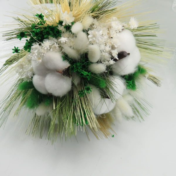 Set 2 lumanari cununie ceara naturala + buchet mireasa, flori uscate verde&alb ILIF311028 (12)
