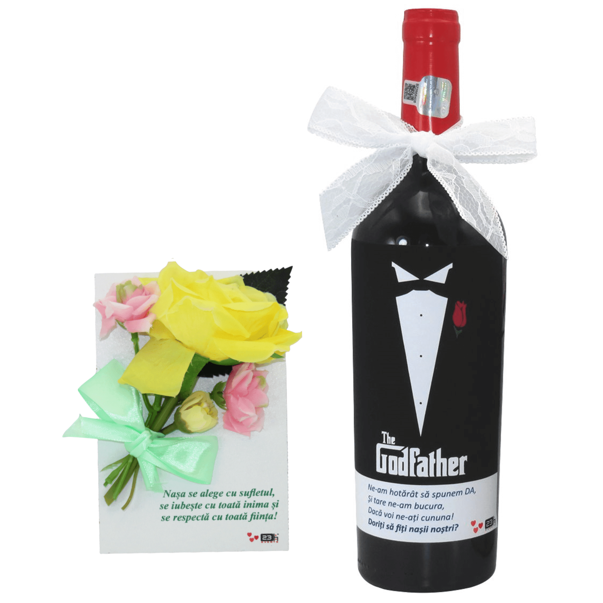 Cadou pentru nasi, Sticla vin personalizata si placuta lemn decorata cu flori si mesaj ILIF401009