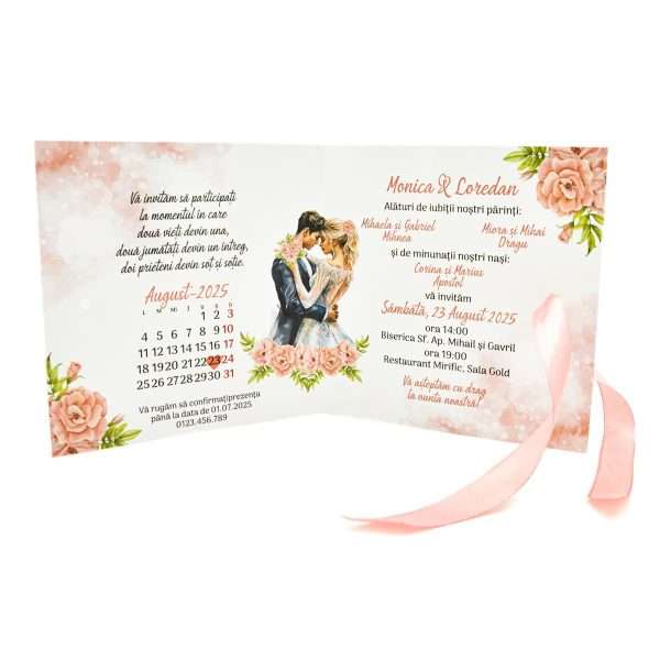 Invitatie nunta tip Carte, cu fundita, flori in nuante de roz, fuzzy pink, dust pink si miri 3