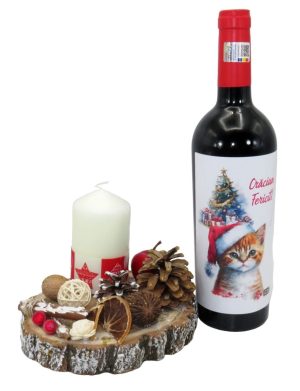 Set cadou Craciun, lumanare pe felie de lemn si sticla vin Sarbatori Fericite 2 ILIF311050 (3)