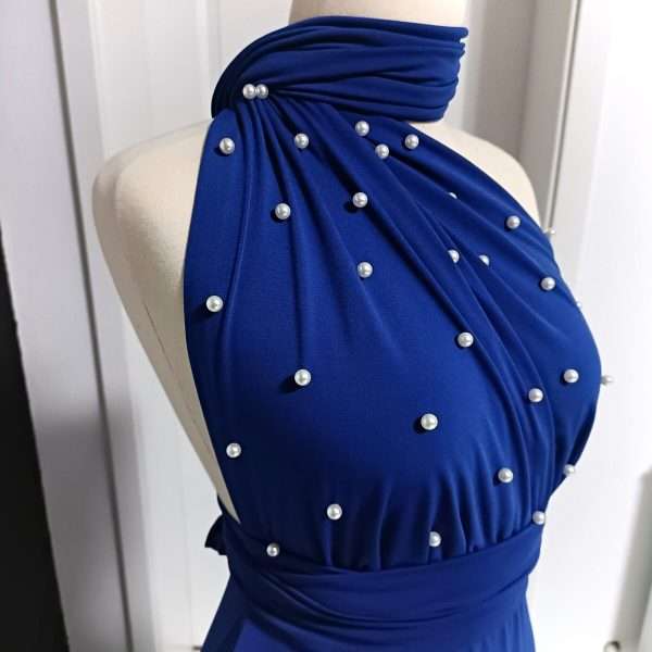 Rochie versatila lunga cu perle, lycra albastru regal, pentru domnisoare de onoare ACD404062 (6)