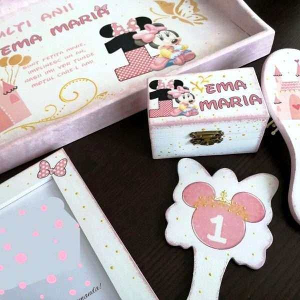 Set mot Baby Minnie Mouse, 7 piese, personalizat, din lemn, cu fundite roz, ornamente roz DSPH016 (1)