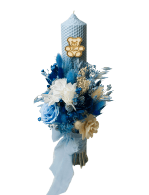 Lumanare botez personalizata ceara naturala si aranjament floral nuante de albastru AMB307002 1