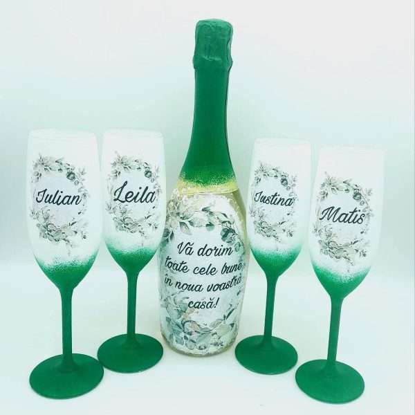 Set Cadou de Casa Noua sticla spumant si 4 pahare decorate manual model deosebit FEIS307003 2