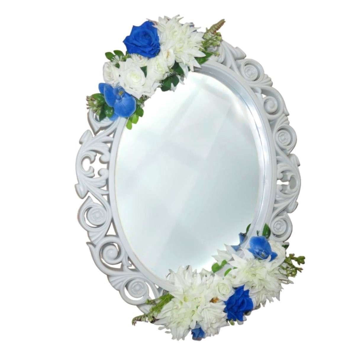Oglinda miresei, forma ovala in stil victorian, lucrata cu flori de matase, model alb albastru ILIF405012 (3)