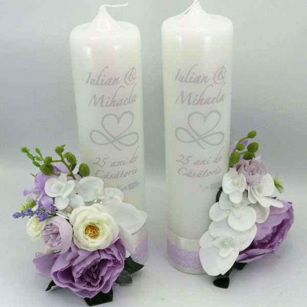 Lumanare Nunta de Argint, model personalizat, decor cu flori de matase & silicon, lila alb ILIF404018 (4)