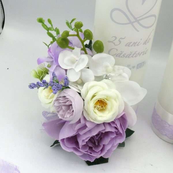 Lumanare Nunta de Argint, model personalizat, decor cu flori de matase & silicon, lila alb ILIF404018 (5)