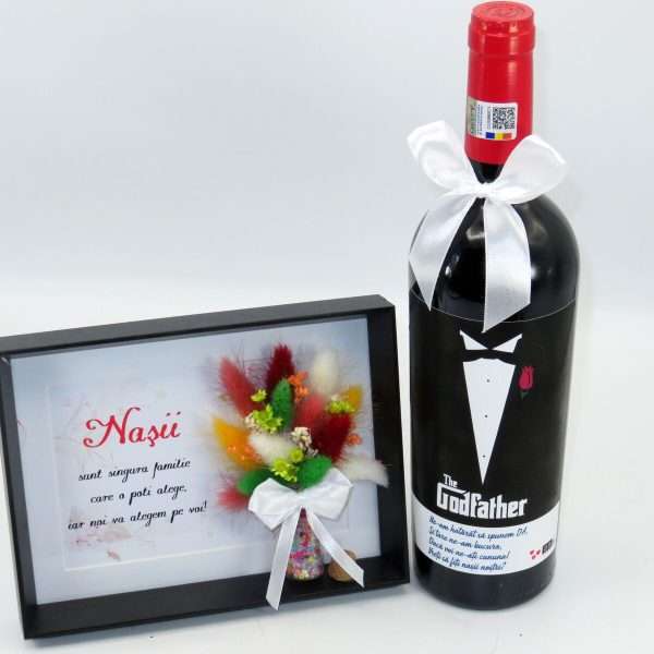 Cadou Cerere Nasi Cununie, The Godfather sticla vin personalizata & tablou cu flori uscate ILIF404019 (4)