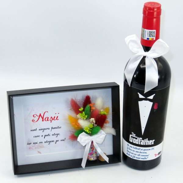 Cadou Cerere Nasi Cununie, The Godfather sticla vin personalizata & tablou cu flori uscate ILIF404019 (2)
