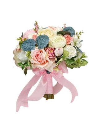 Buchet mireasa mica domnisoara de onoare pentru aruncat, model cu flori de matase alb roz FEIS312023 (2)
